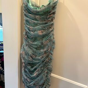 Strapless Floral Dress in Blue and Pink